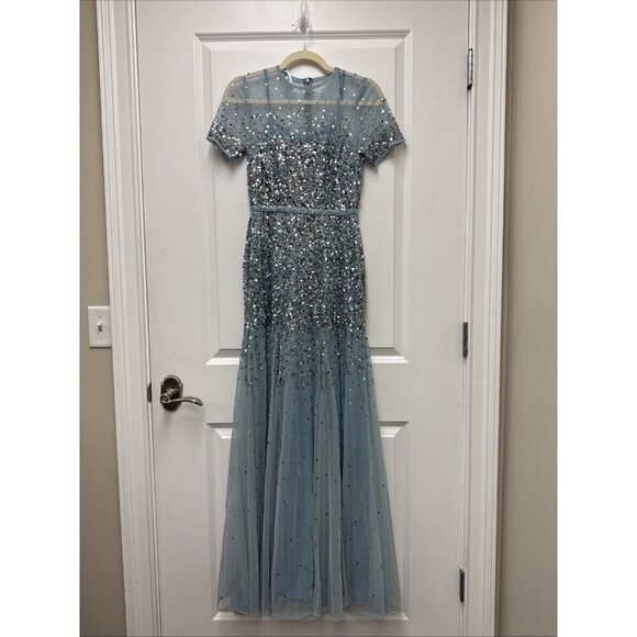 MAC DUGGAL Size 2 Slate Blue HIGH NECK SHORT SLEEVE SEQUIN EMBELLISHED DRESS - Picture 4 of 10